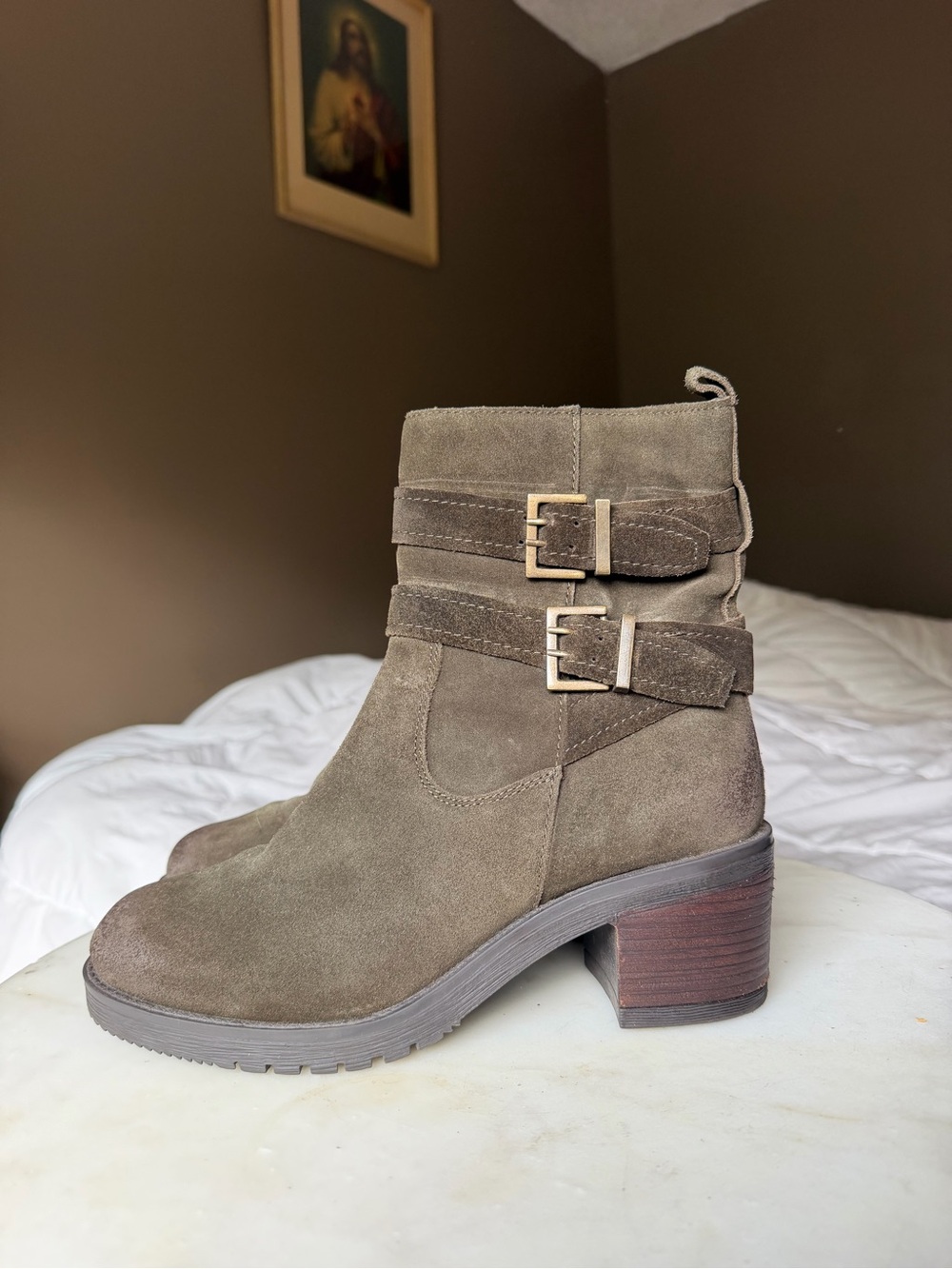 Suede Double-Buckle Ankle Boots - Olive Taupe